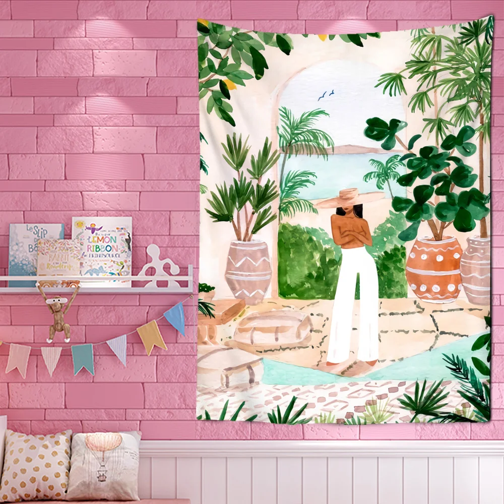 Tropical Green Plant Girl Wall - đánh giá và giá Home Decor Yoga